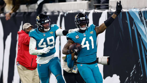 Jacksonville Jaguars linebacker Josh Allen (41) reacts after scoring a touchdown against the Tennessee Titans during the fourth quarter at TIAA Bank Field.